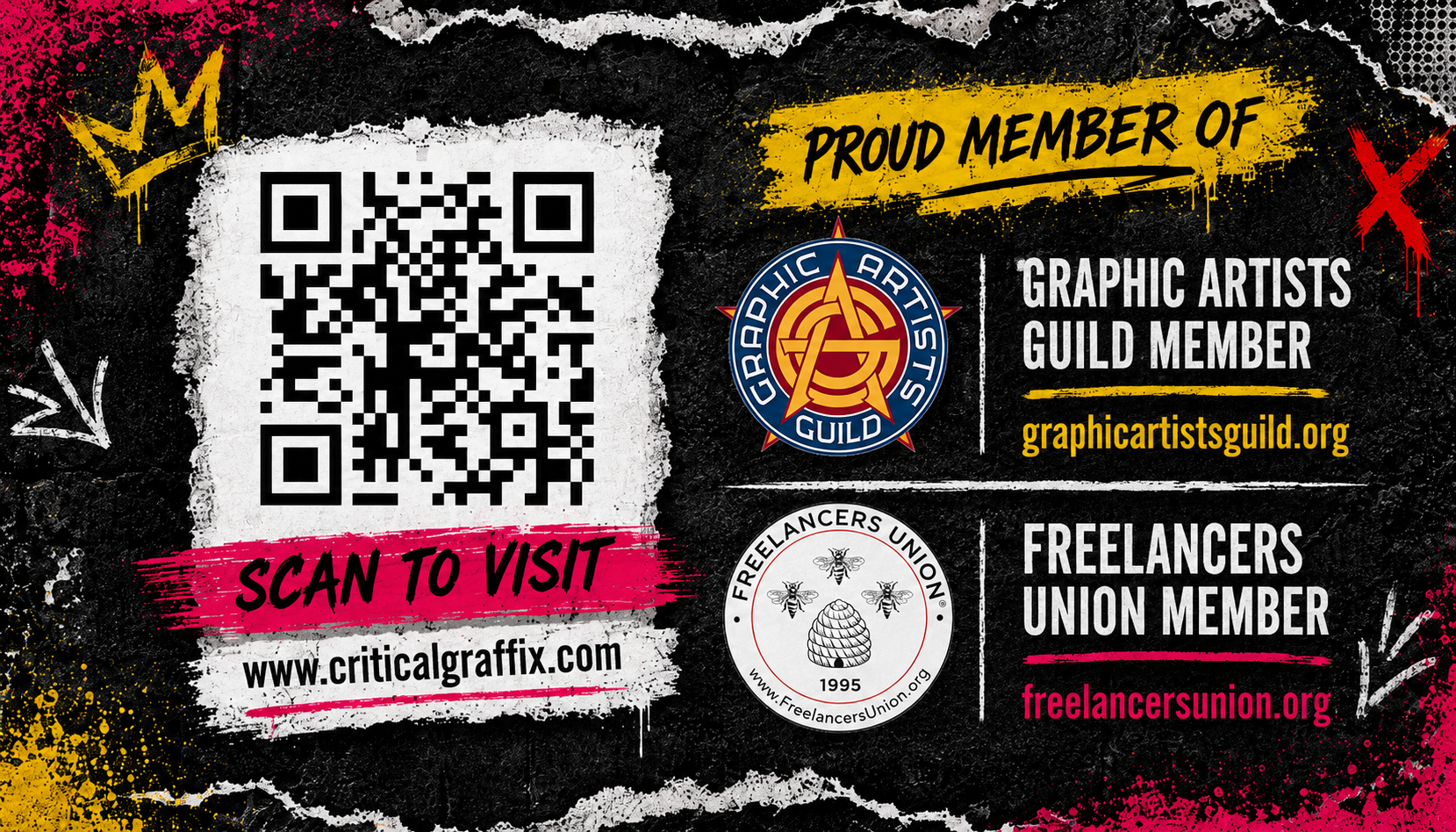 Critical Graffix official business card back artwork with QR code and affiliations