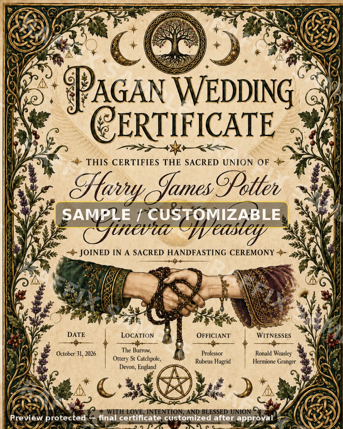 Pagan / Fantasy Handfasting certificate sample