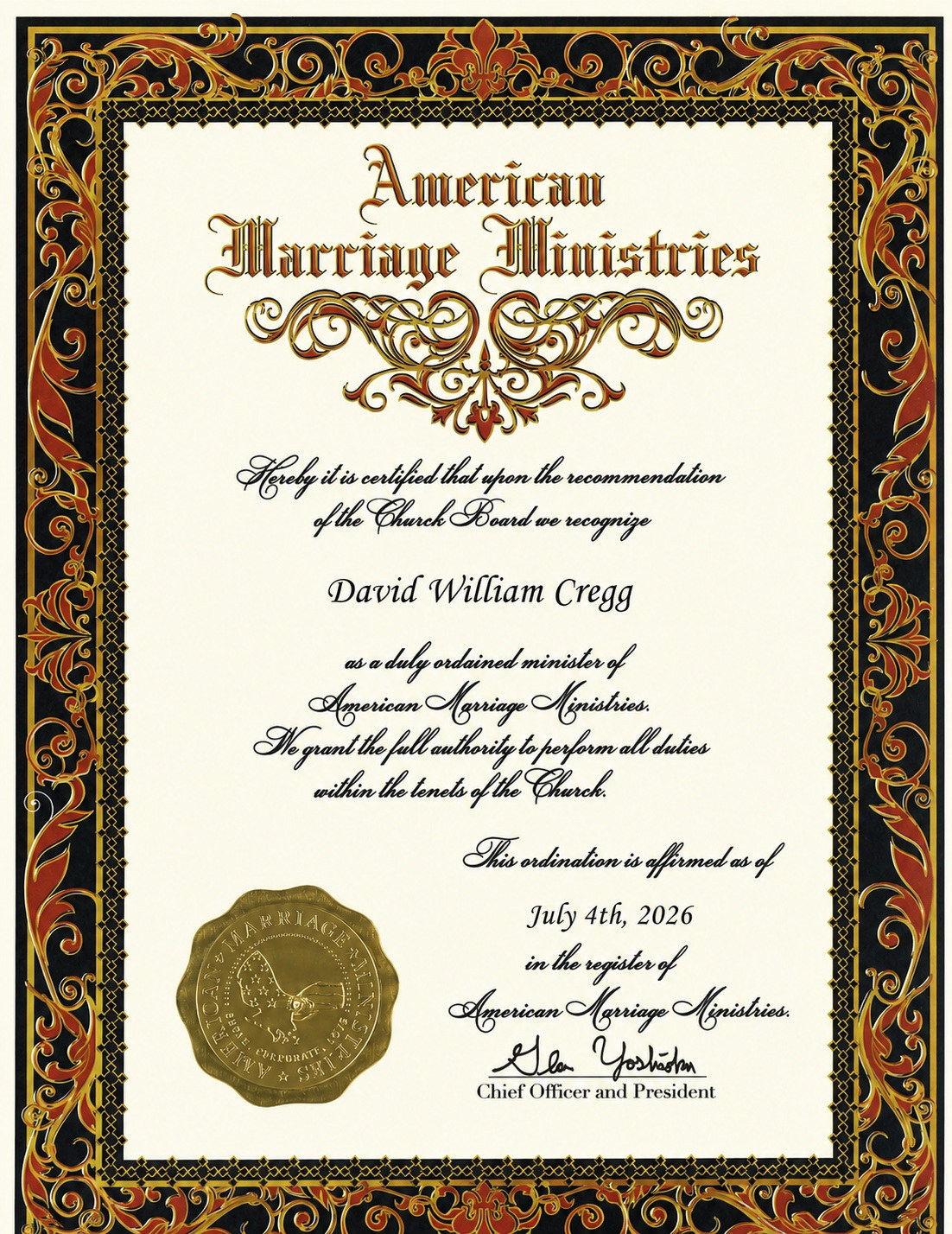 David William Cregg American Marriage Ministries ordination certificate shown as credential proof