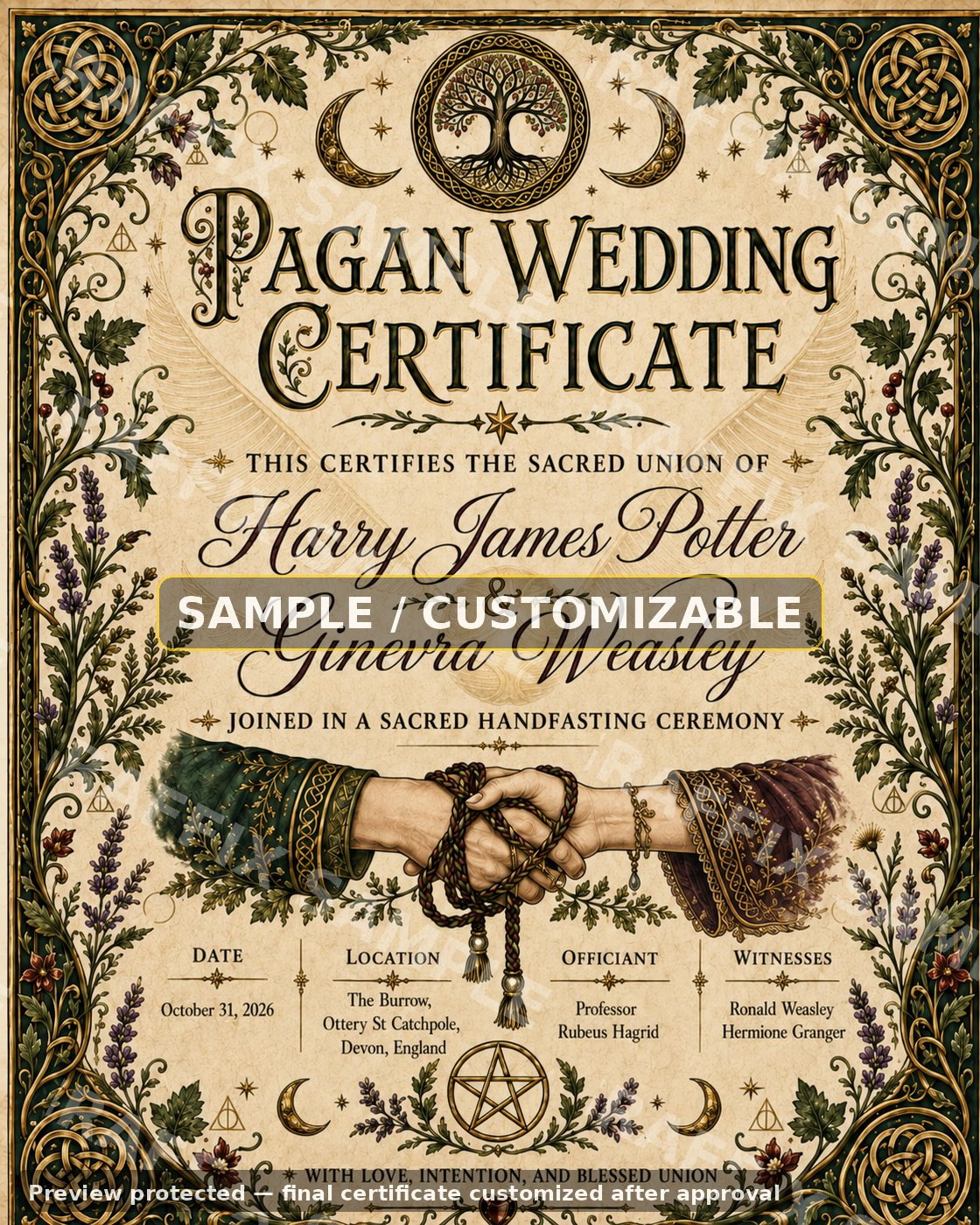 Pagan / Fantasy Handfasting certificate sample